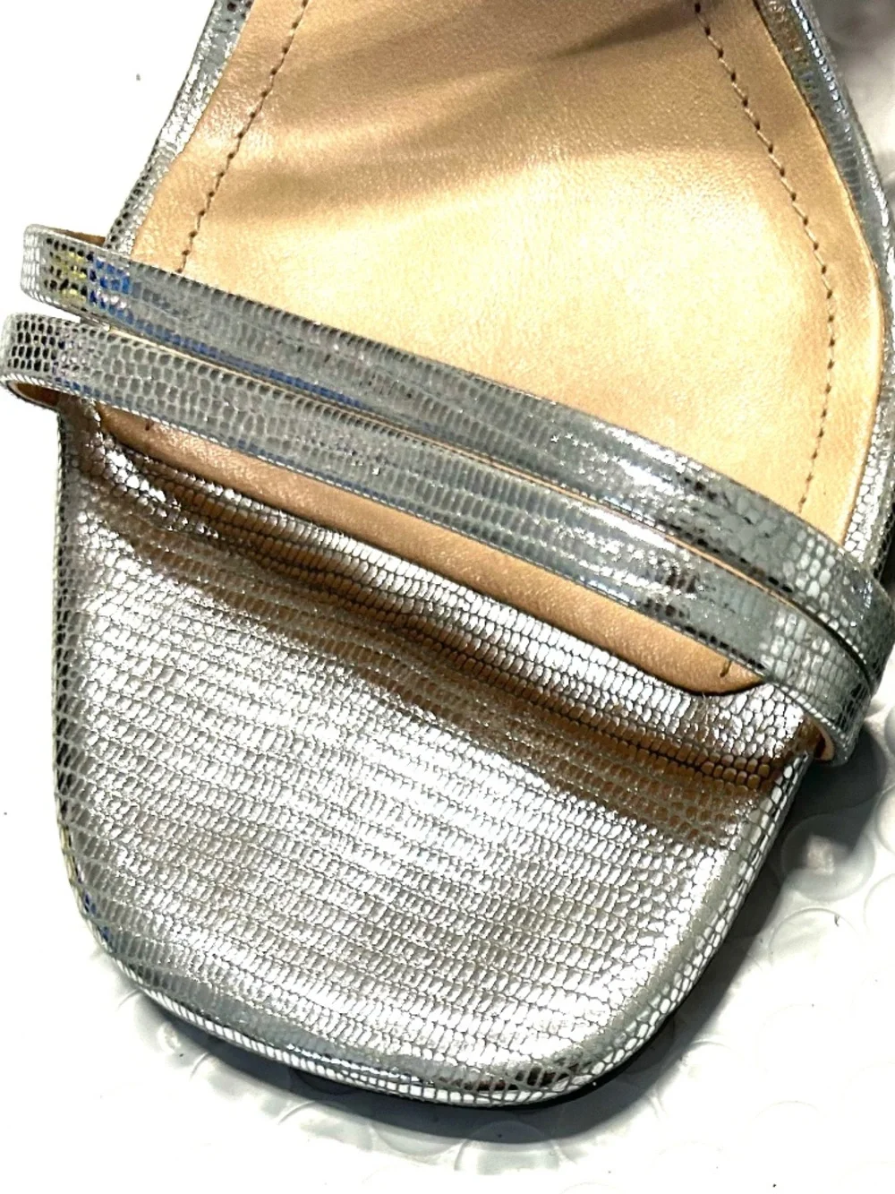 SCHUTZ Silver Metallic Straps Sandals Square Toe Stiletto Heels 3.5-4 Sz 8.5